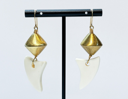 14k GF Gold & White Shark Tooth Drop Earrings