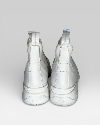 Prada White Chelsea Boot W/ Front & Back Pull Tabs