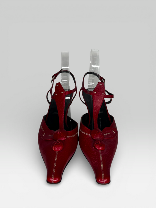 Prada Vintage Red Leather Long Point T-Strap Slingback Heels w Floral Accent