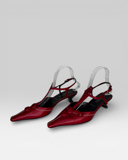Prada Vintage Red Leather Long Point T-Strap Slingback Heels w Floral Accent