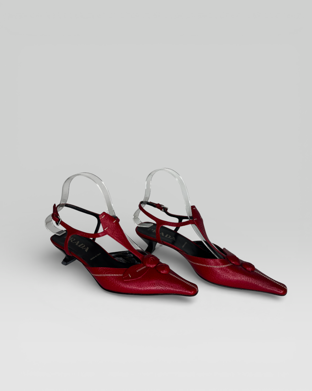 Prada Vintage Red Leather Long Point T-Strap Slingback Heels w Floral Accent