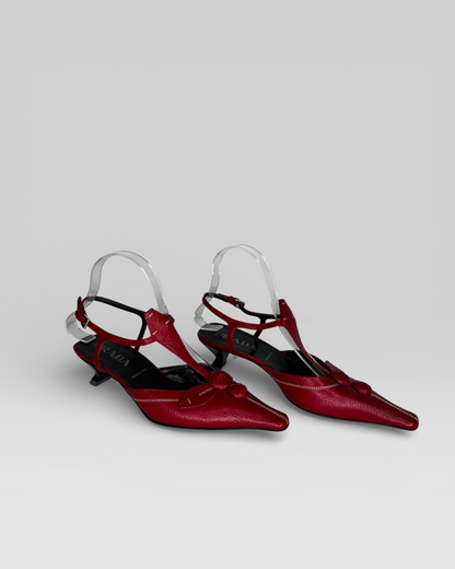 Prada Vintage Red Leather Long Point T-Strap Slingback Heels w Floral Accent