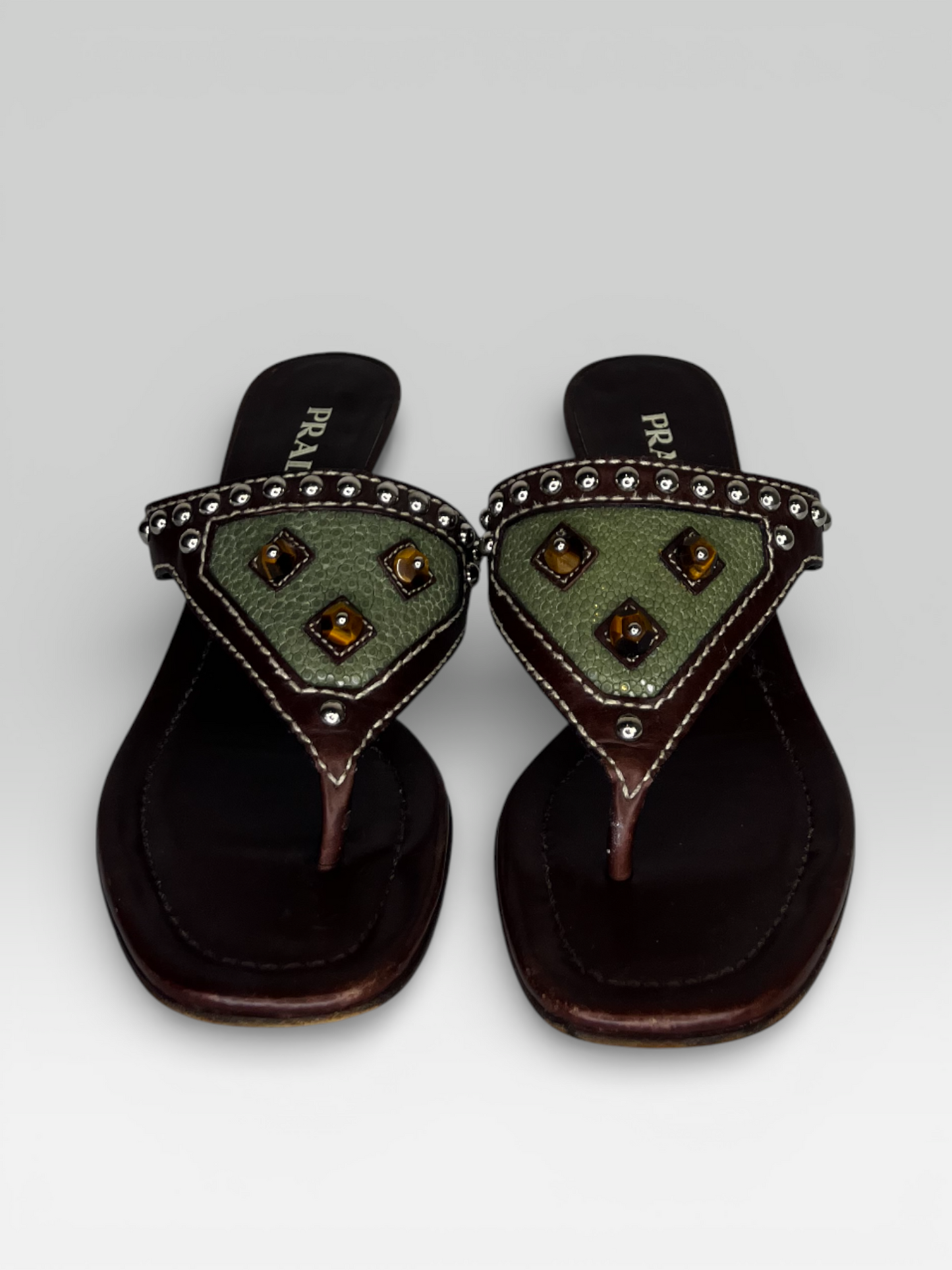 Prada Brown & Green Studded Kitten Heel Sandals