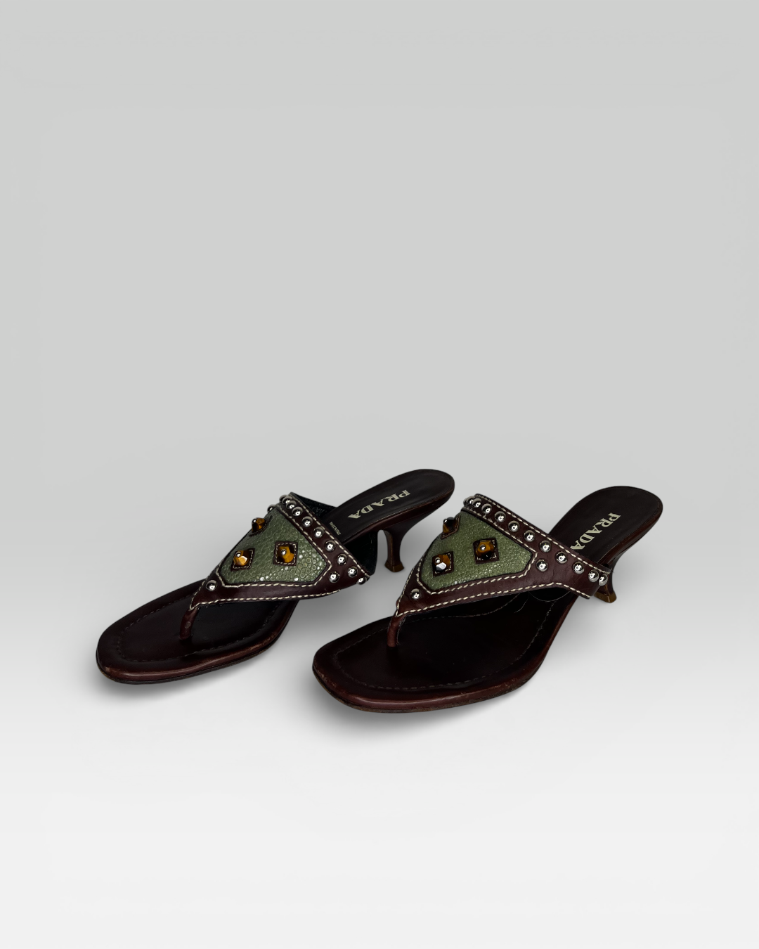 Prada Brown & Green Studded Kitten Heel Sandals