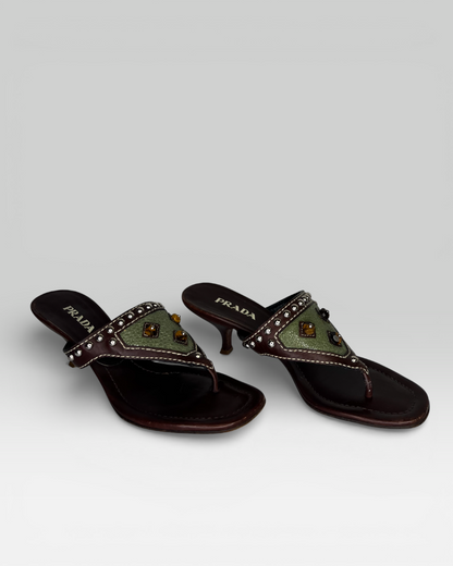 Prada Brown & Green Studded Kitten Heel Sandals