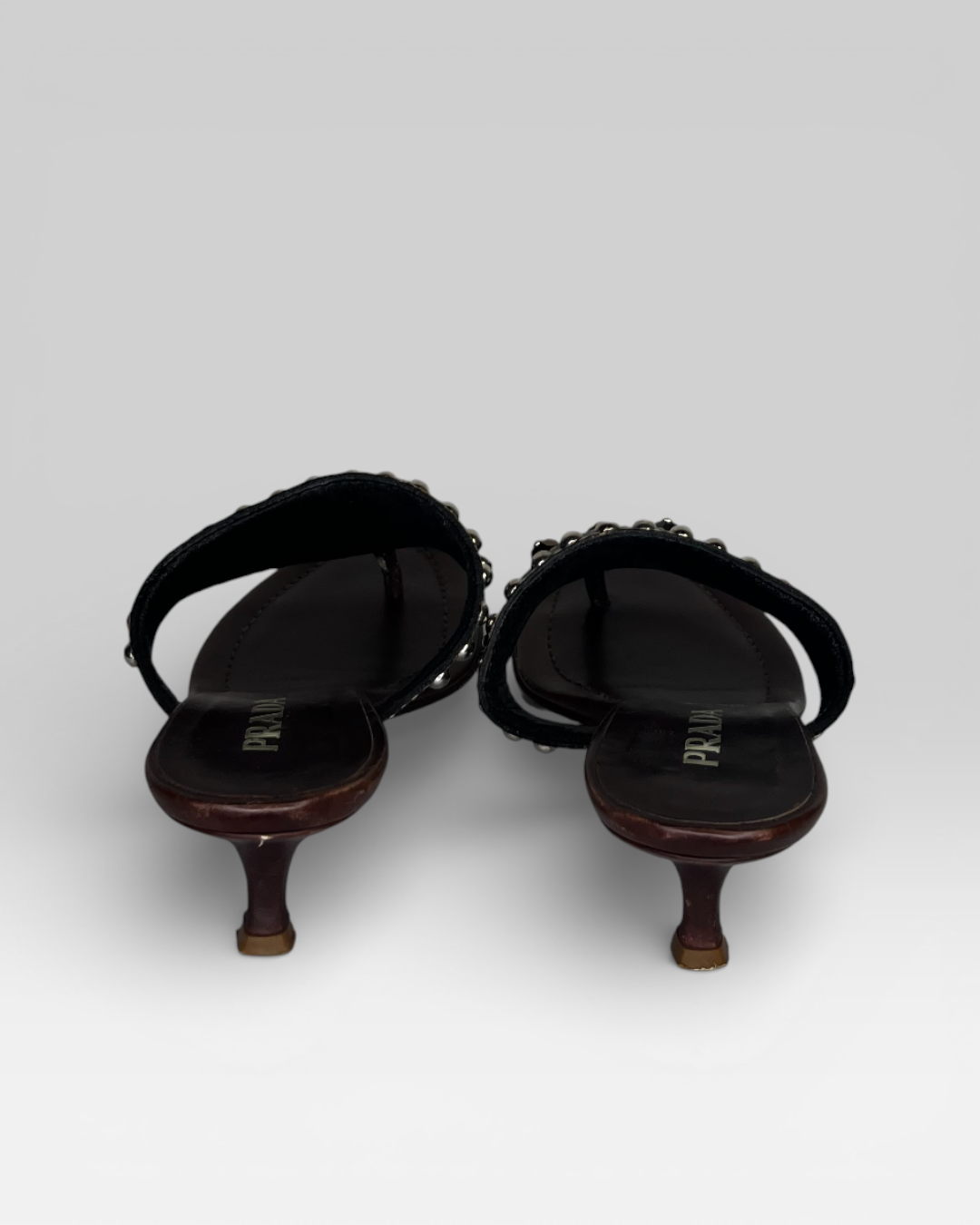 Prada Brown & Green Studded Kitten Heel Sandals