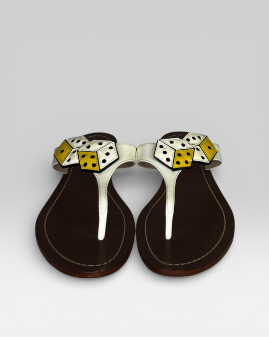 Prada White & Yellow Dice Patent Leather T-strap Sandals