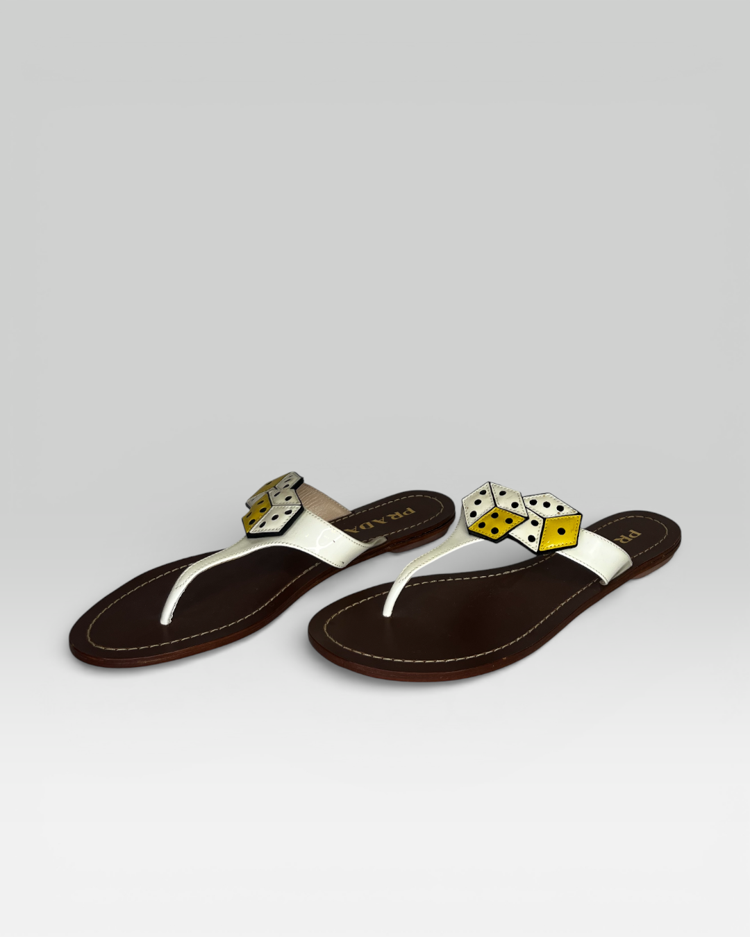 Prada White & Yellow Dice Patent Leather T-strap Sandals