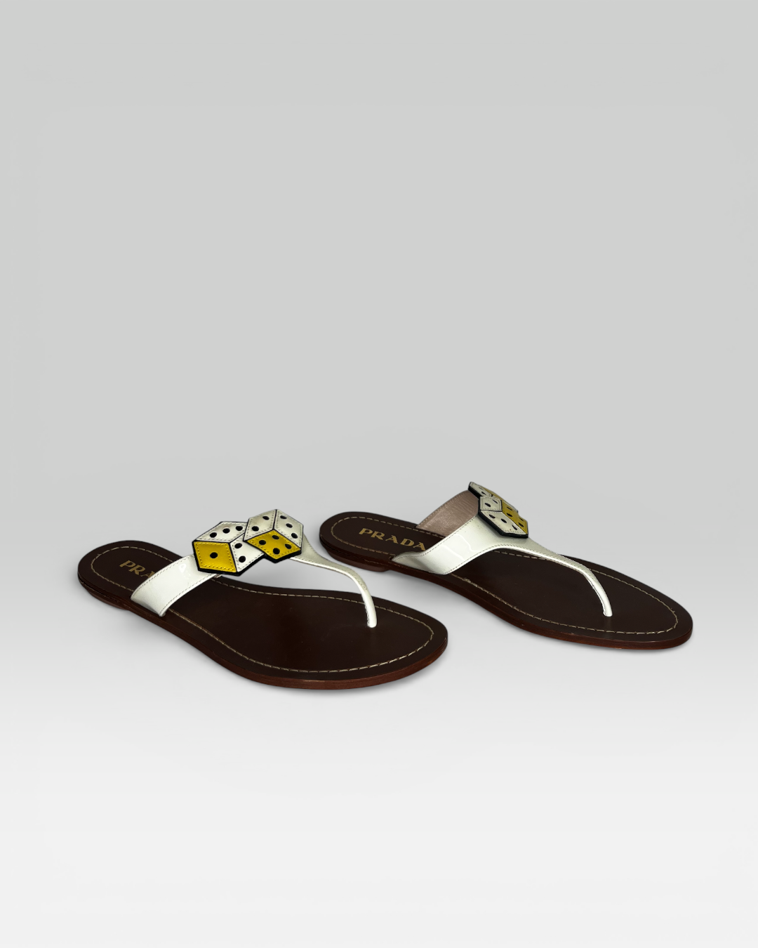 Prada White & Yellow Dice Patent Leather T-strap Sandals