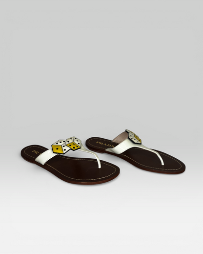 Prada White & Yellow Dice Patent Leather T-strap Sandals