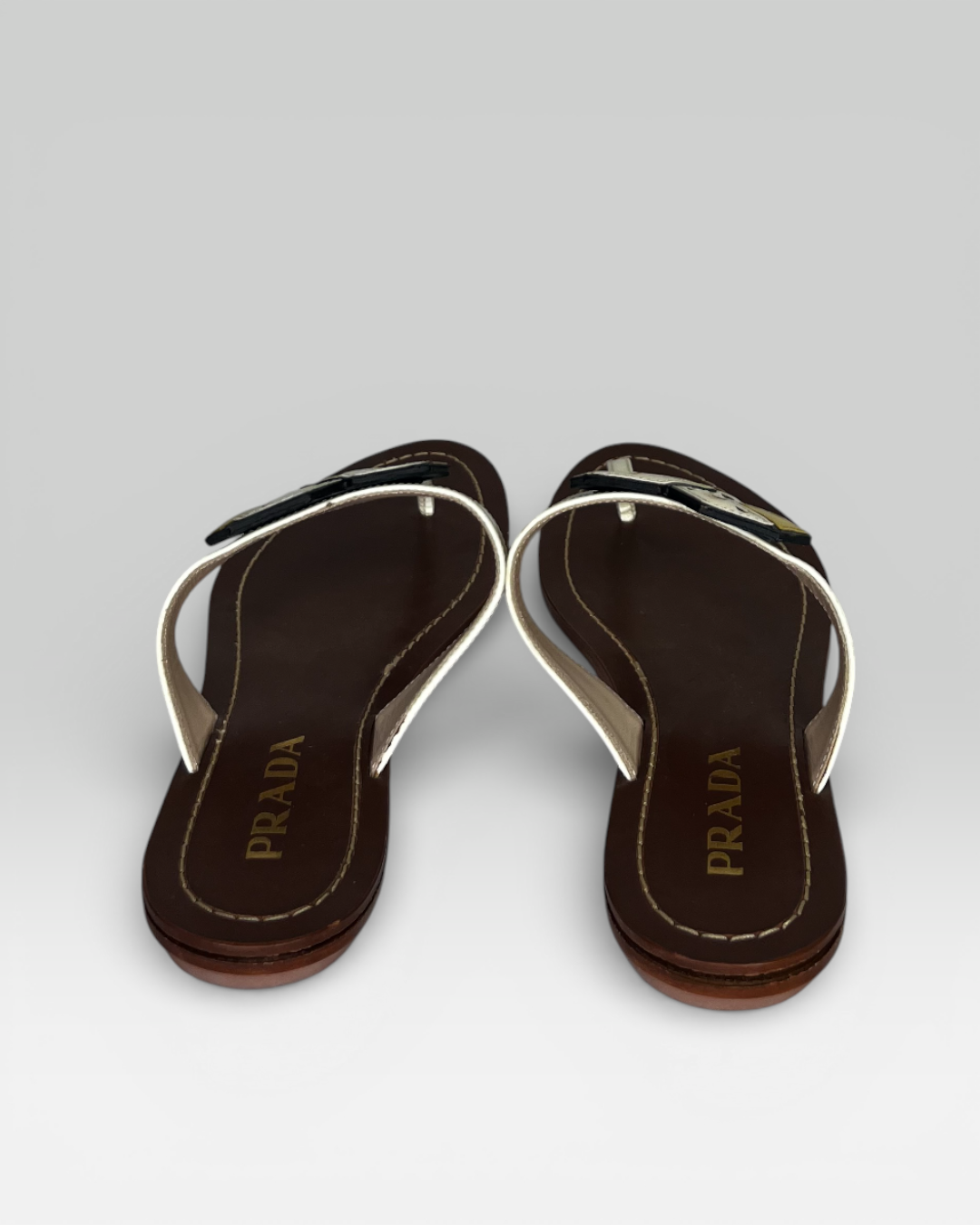 Prada White & Yellow Dice Patent Leather T-strap Sandals