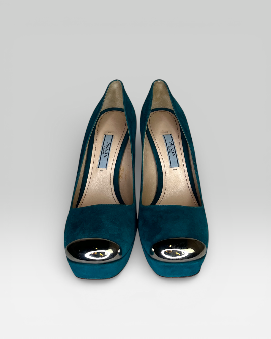 Prada Turquoise Suede Metal Cap Toe Block Heel Pumps