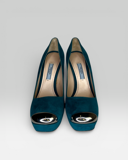 Prada Turquoise Suede Metal Cap Toe Block Heel Pumps