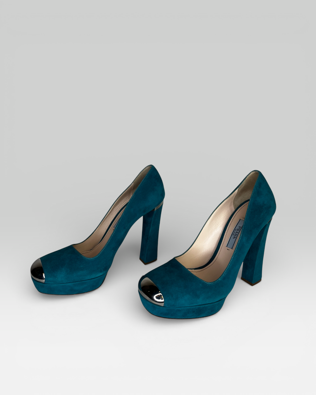 Prada Turquoise Suede Metal Cap Toe Block Heel Pumps
