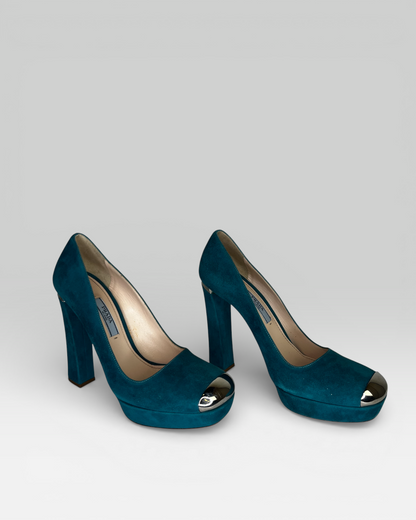 Prada Turquoise Suede Metal Cap Toe Block Heel Pumps