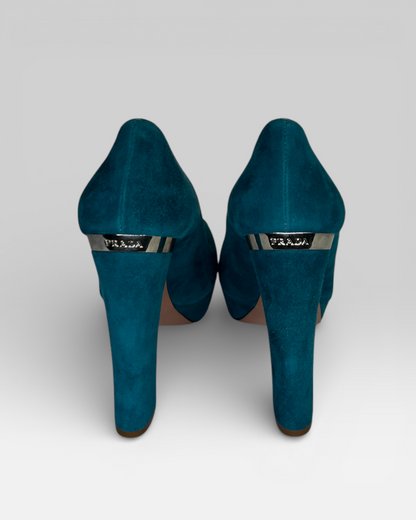 Prada Turquoise Suede Metal Cap Toe Block Heel Pumps