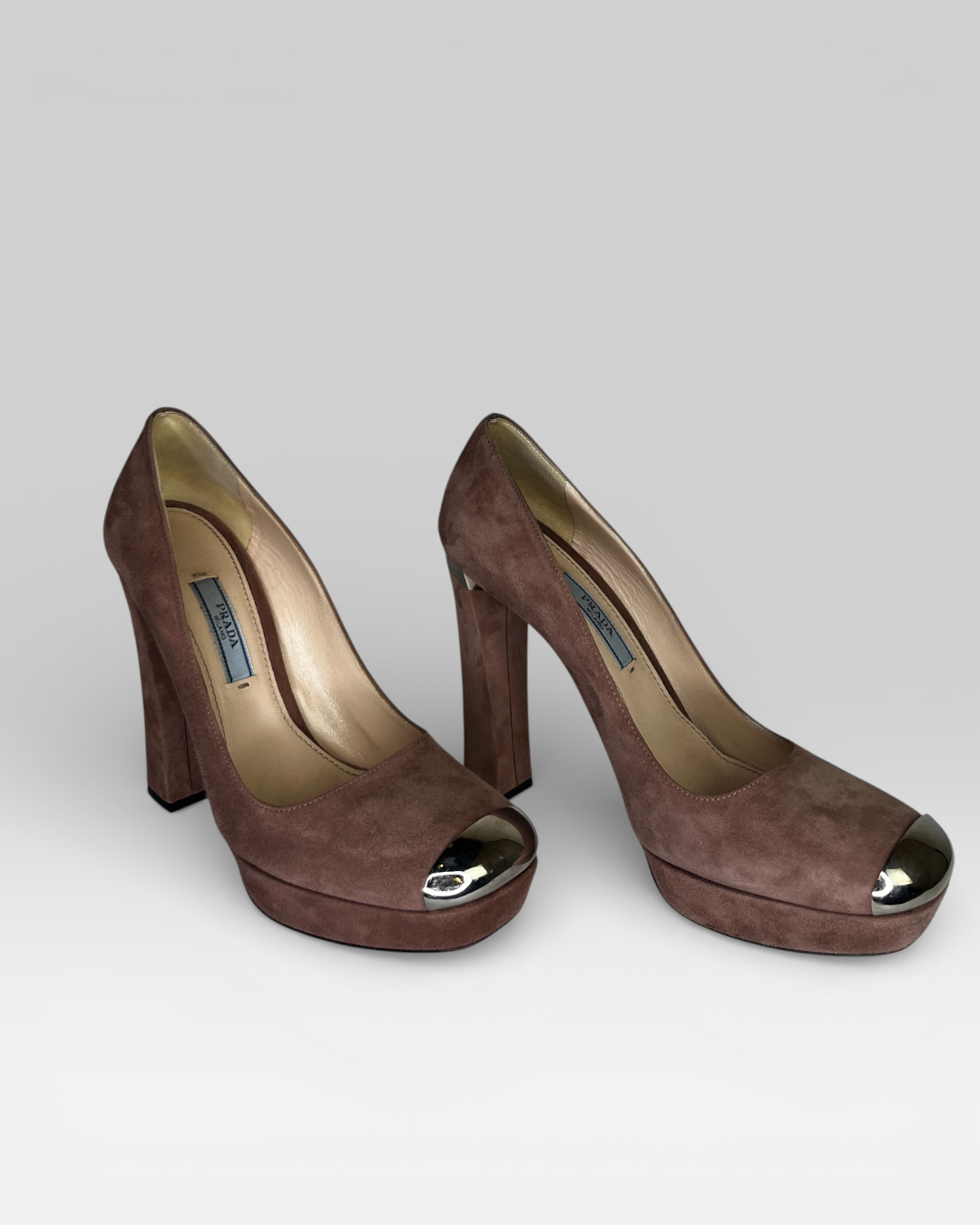 Prada Dusty Rose Suede Metal Cap Toe Block Heel Pumps