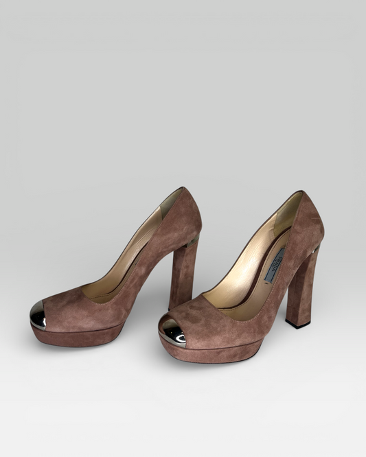 Prada Dusty Rose Suede Metal Cap Toe Block Heel Pumps