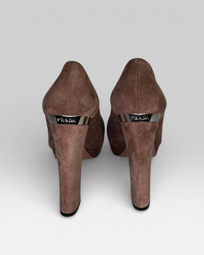 Prada Dusty Rose Suede Metal Cap Toe Block Heel Pumps