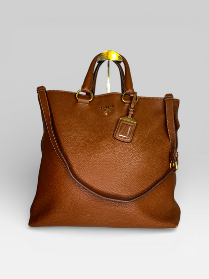 Prada Brown Pebbled Leather "Vitello Daino" Tote w Gold Hardware