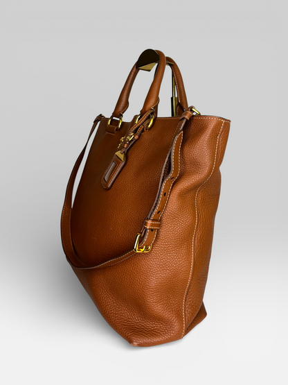 Prada Brown Pebbled Leather "Vitello Daino" Tote w Gold Hardware