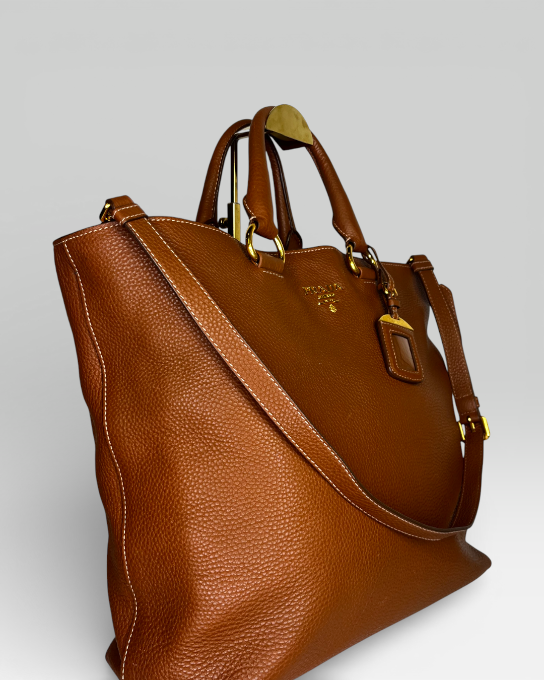 Prada Brown Pebbled Leather "Vitello Daino" Tote w Gold Hardware