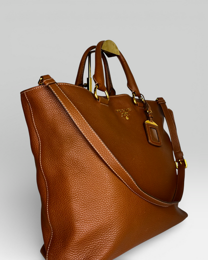 Prada Brown Pebbled Leather "Vitello Daino" Tote w Gold Hardware