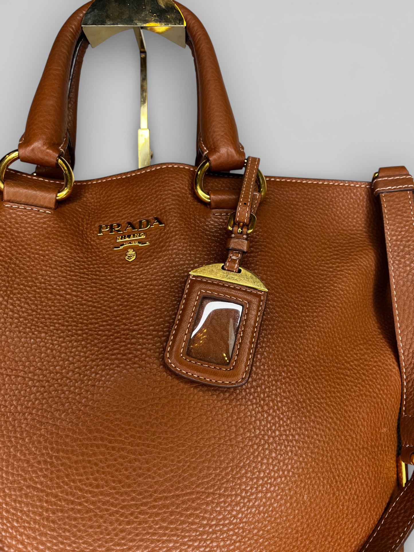 Prada Brown Pebbled Leather "Vitello Daino" Tote w Gold Hardware