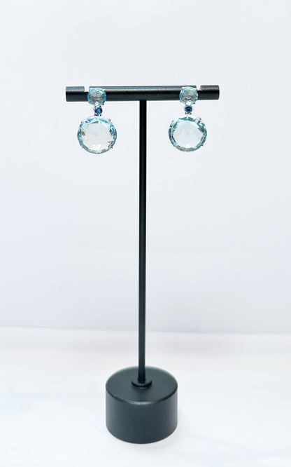 18K White Gold Blue Topaz & Blue Sapphire Circle Bouquet Drop Earrings