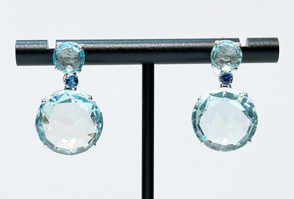 18K White Gold Blue Topaz & Blue Sapphire Circle Bouquet Drop Earrings