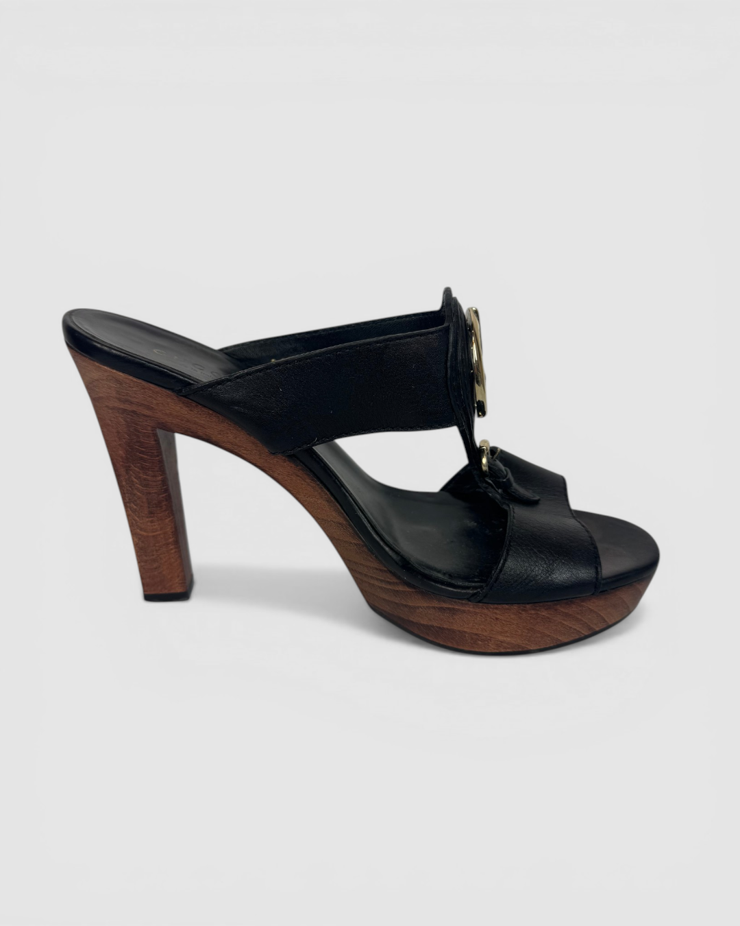 HAS DUSTBAG - Gucci Black Leather Platform Mules w/ Gold Interlocking GG