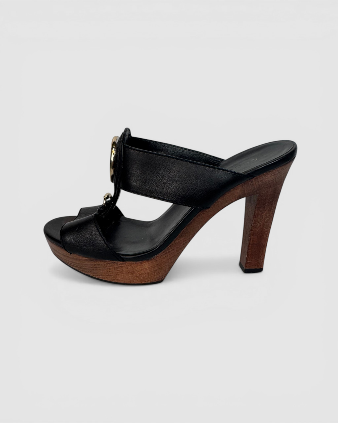 HAS DUSTBAG - Gucci Black Leather Platform Mules w/ Gold Interlocking GG