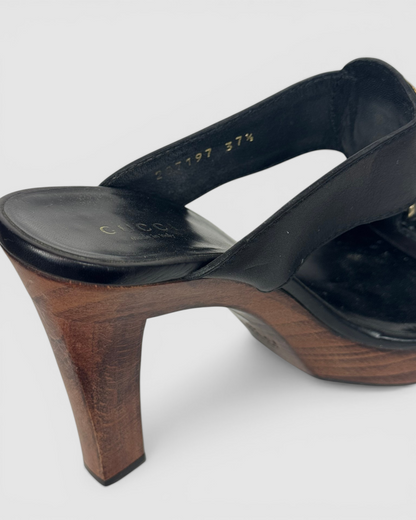 HAS DUSTBAG - Gucci Black Leather Platform Mules w/ Gold Interlocking GG