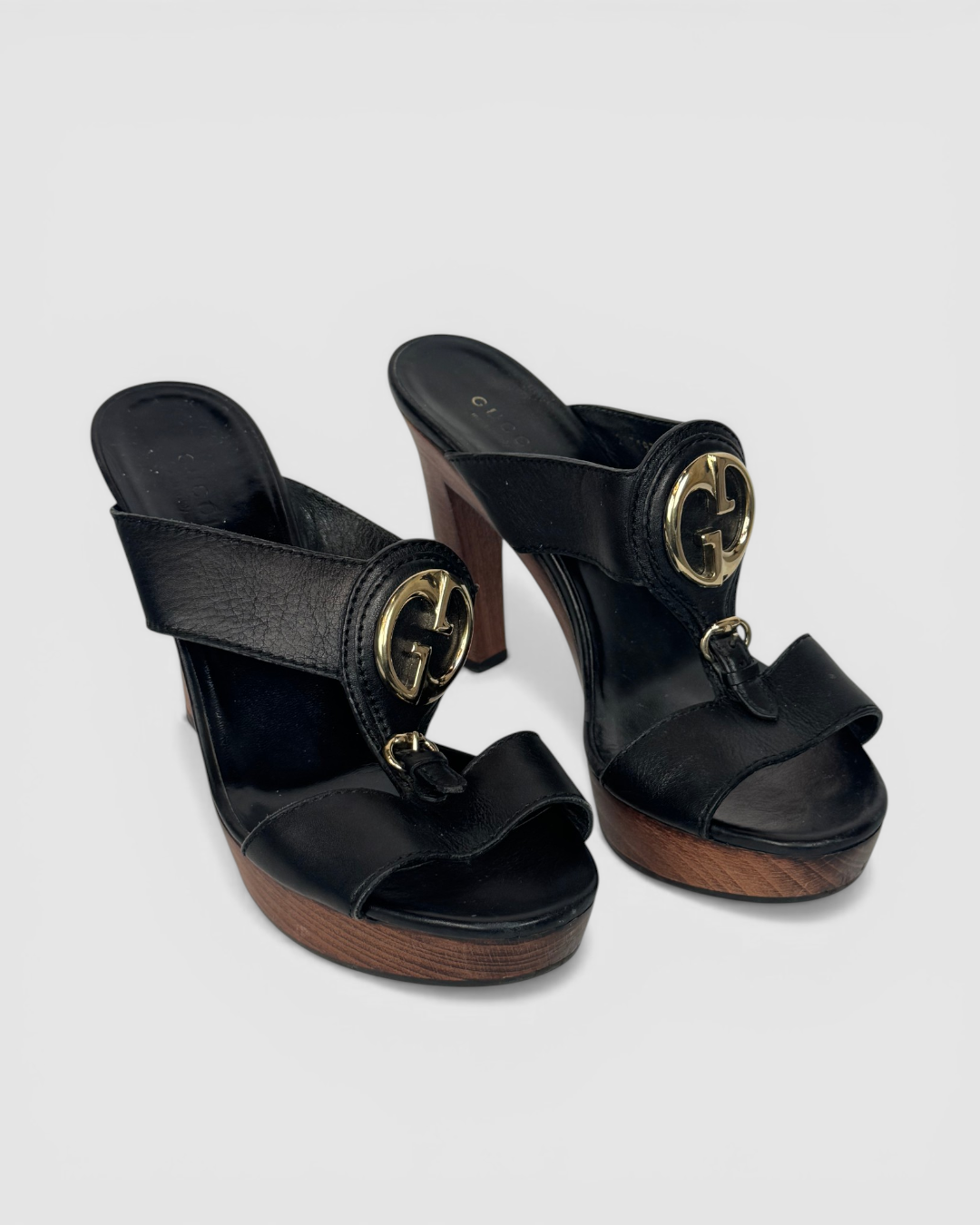 HAS DUSTBAG - Gucci Black Leather Platform Mules w/ Gold Interlocking GG