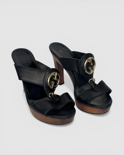 HAS DUSTBAG - Gucci Black Leather Platform Mules w/ Gold Interlocking GG