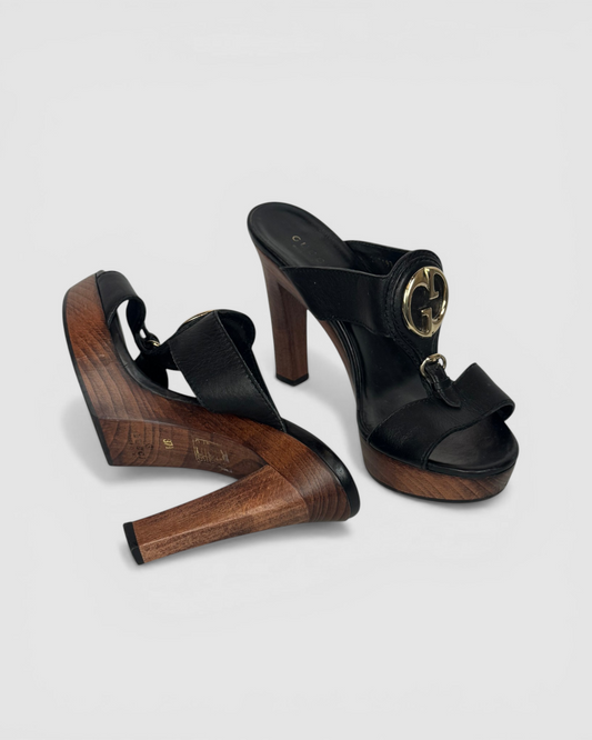 HAS DUSTBAG - Gucci Black Leather Platform Mules w/ Gold Interlocking GG
