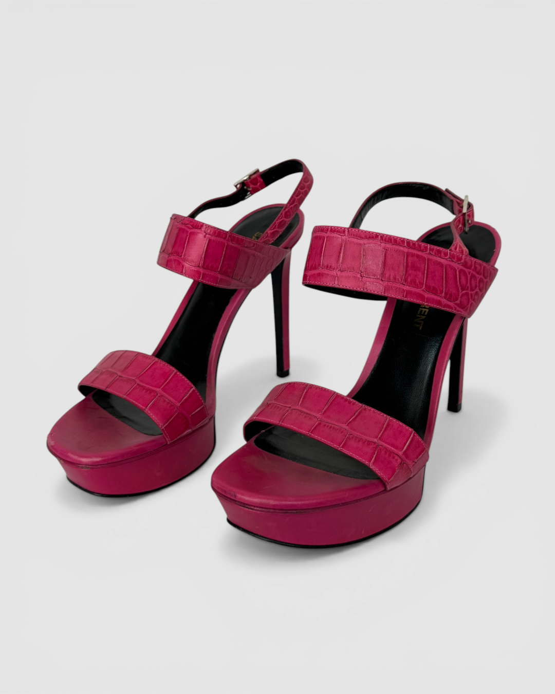 Saint Laurent Platform Stilettos w/ Embossed Croc Straps