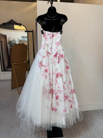 Mori Lee White w Pink Floral Beaded & Sequin Strapless Fitted & Flare Tulle Gown