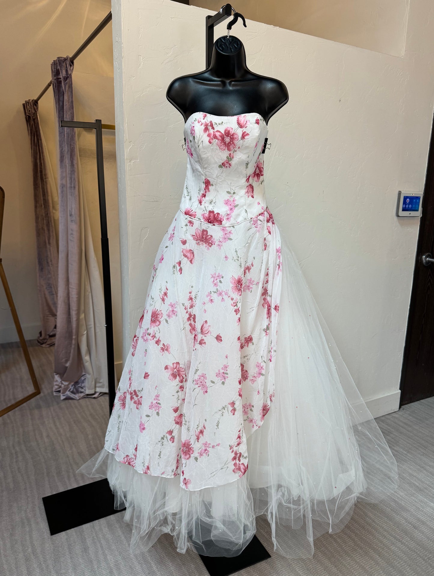 Mori Lee White w Pink Floral Beaded & Sequin Strapless Fitted & Flare Tulle Gown
