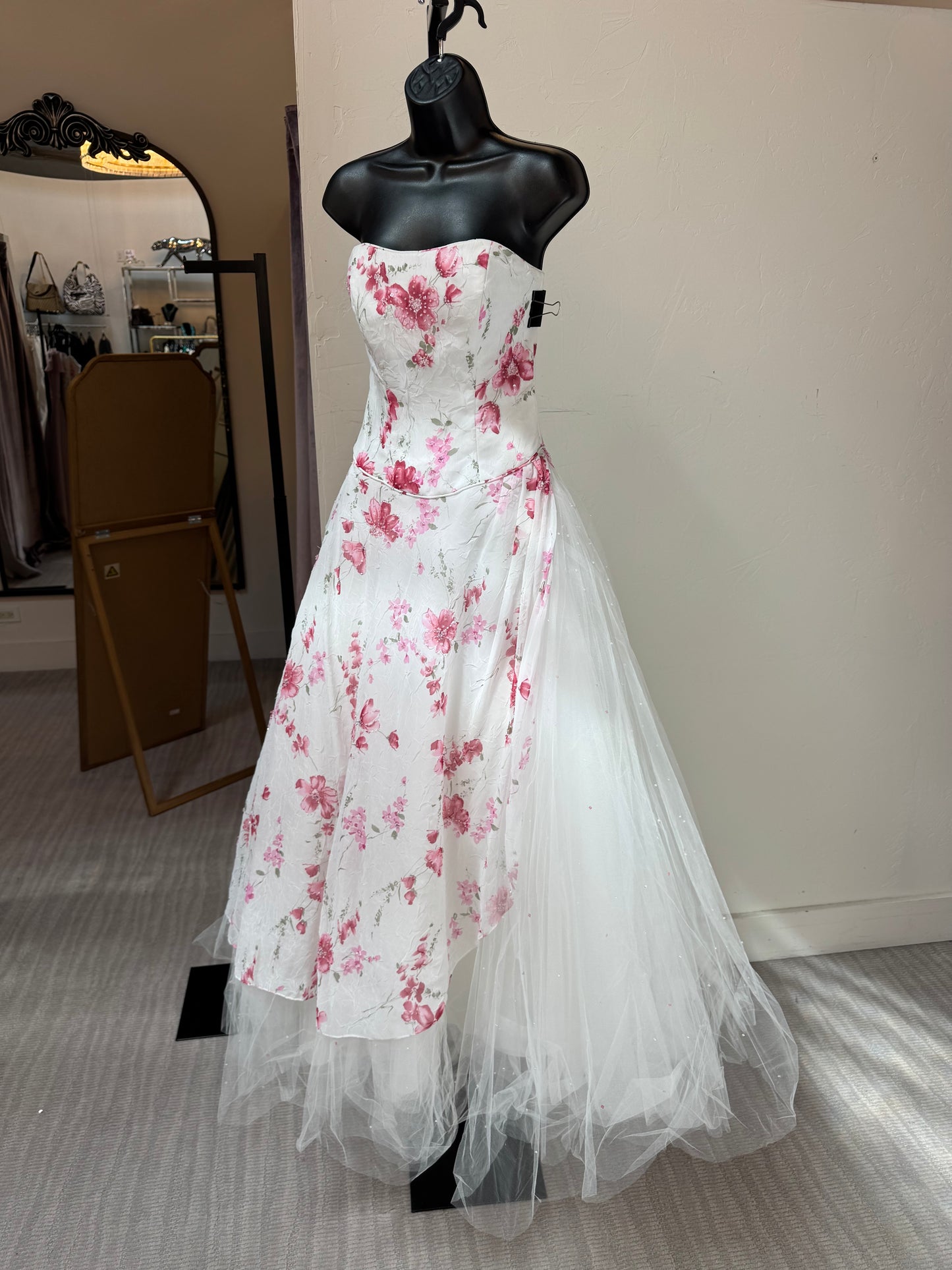 Mori Lee White w Pink Floral Beaded & Sequin Strapless Fitted & Flare Tulle Gown