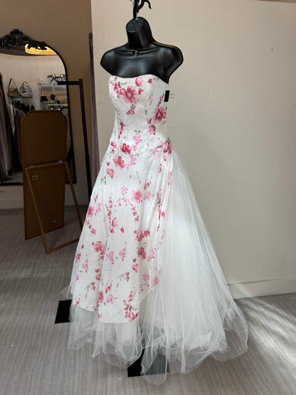 Mori Lee White w Pink Floral Beaded & Sequin Strapless Fitted & Flare Tulle Gown