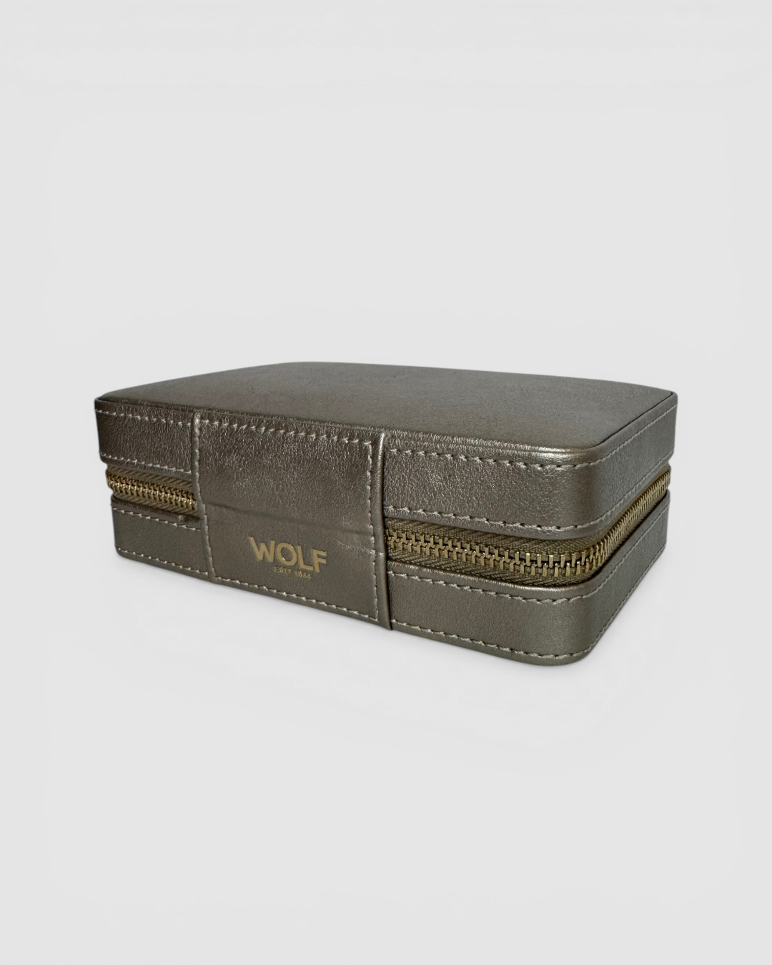 WOLF Leather Metallic Gold Rectangle Zip Around Jewelry Box