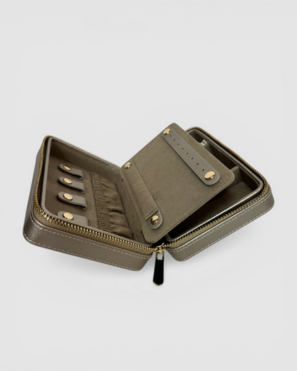 WOLF Leather Metallic Gold Rectangle Zip Around Jewelry Box