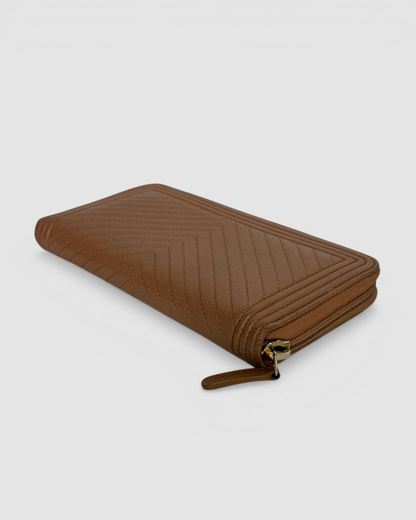 Chanel Tan Beige Leather Chevron Quilted Zip Around Wallet