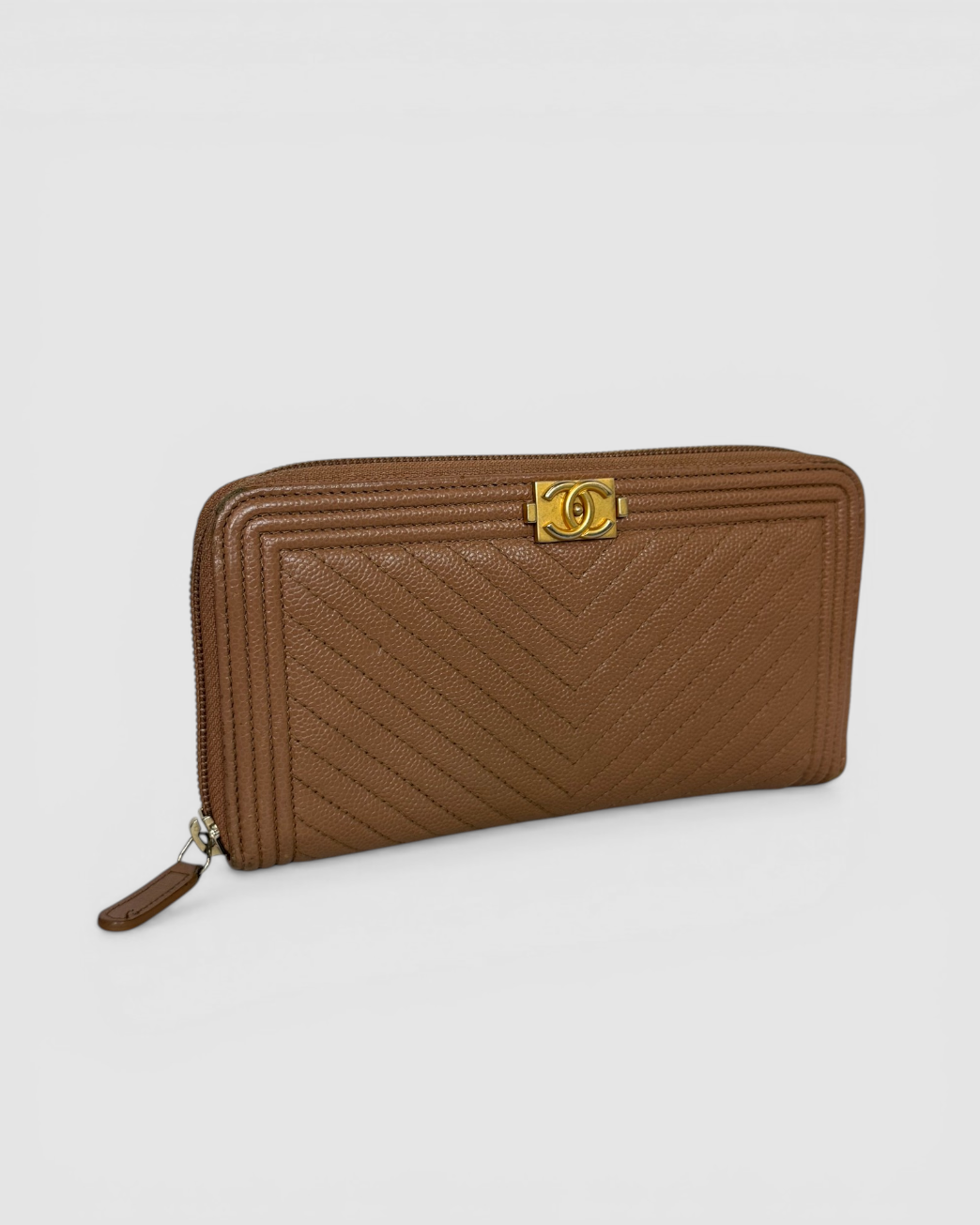 Chanel Tan Beige Leather Chevron Quilted Zip Around Wallet