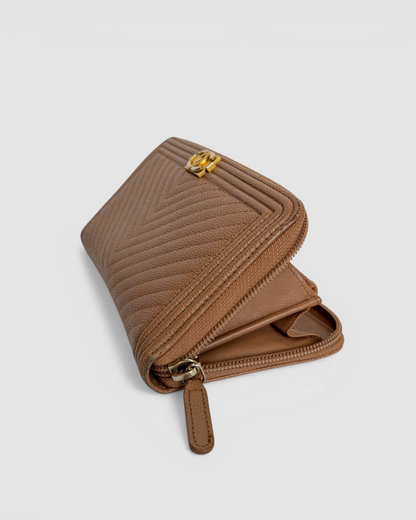 Chanel Tan Beige Leather Chevron Quilted Zip Around Wallet