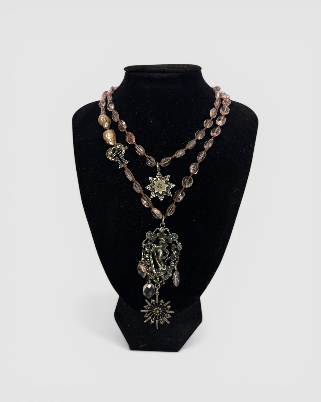 Light Purple Beaded Silver "Cupid" Pendant Necklace