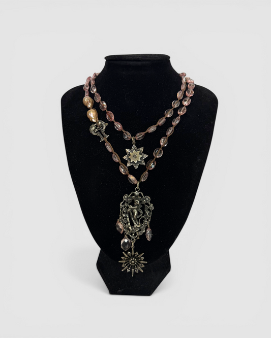 Light Purple Beaded Silver "Cupid" Pendant Necklace