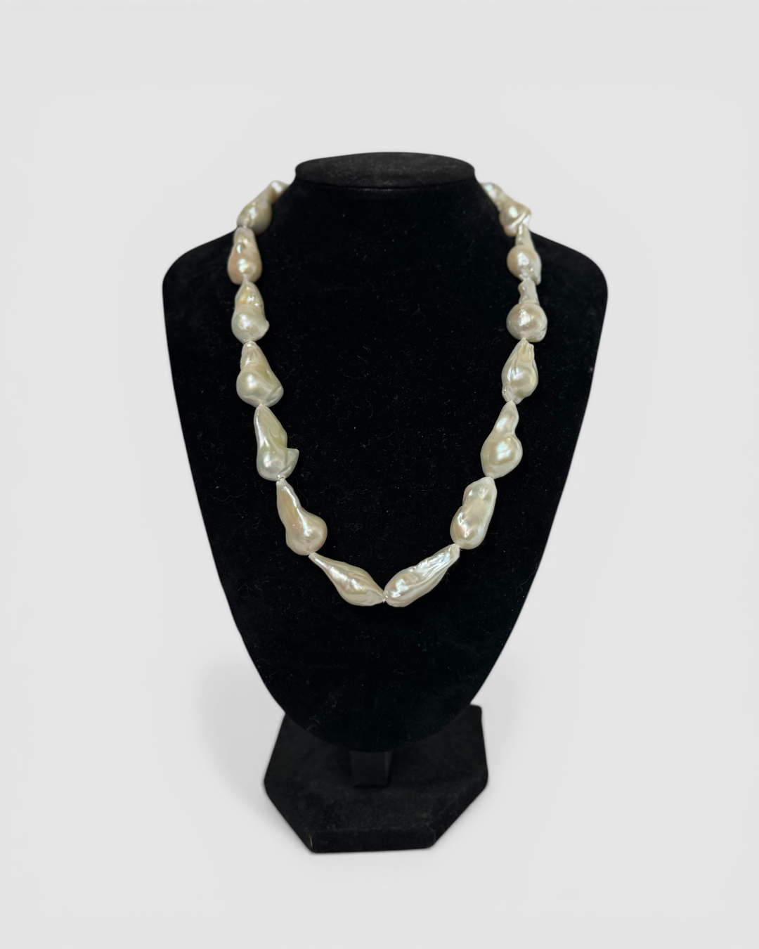 Pearl Baroque Shape Necklace w Gold Rhinestone Sphere Clasp