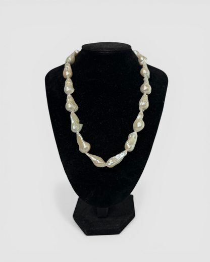 Pearl Baroque Shape Necklace w Gold Rhinestone Sphere Clasp